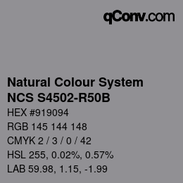 Color code: Natural Colour System<br>NCS S4502-R50B - New since 2022 | qconv.com