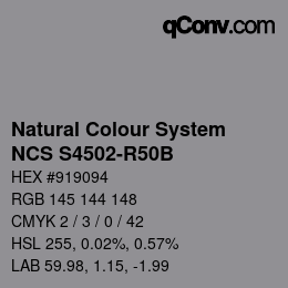 Color code: Natural Colour System<br>NCS S4502-R50B - New since 2022 | qconv.com