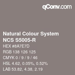 颜色代码: Natural Colour System<br>NCS S5005-R - 自 2022 | qconv.com