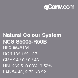 カラーコード: Natural Colour System<br>NCS S5005-R50B - Grau | qconv.com