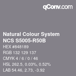 颜色代码: Natural Colour System<br>NCS S5005-R50B - Grau | qconv.com