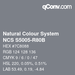 颜色代码: Natural Colour System<br>NCS S5005-R80B - Grau | qconv.com