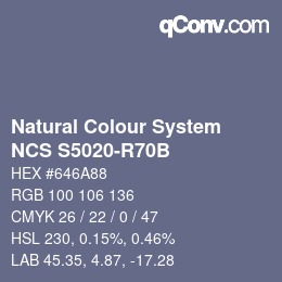 カラーコード: Natural Colour System<br>NCS S5020-R70B - Blau | qconv.com