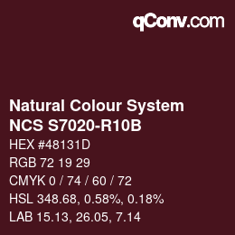 颜色代码: Natural Colour System<br>NCS S7020-R10B - Dunkelrot | qconv.com