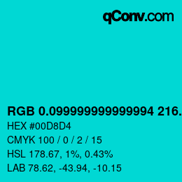 カラーコード: RGB 0.099999999999994 216.8 212 | qconv.com