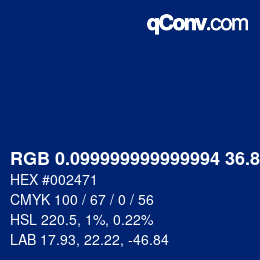 Color code: RGB 0.099999999999994 36.8 113 | qconv.com