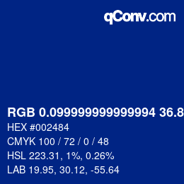 Color code: RGB 0.099999999999994 36.8 132 | qconv.com