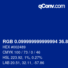 Color code: RGB 0.099999999999994 36.8 137 | qconv.com