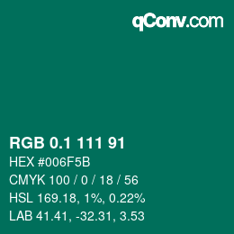 カラーコード: RGB 0.1 111 91 | qconv.com