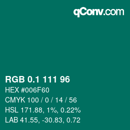 カラーコード: RGB 0.1 111 96 | qconv.com