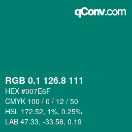 カラーコード: RGB 0.1 126.8 111 | qconv.com