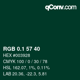 カラーコード: RGB 0.1 57 40 | qconv.com