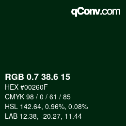 カラーコード: RGB 0.7 38.6 15 | qconv.com