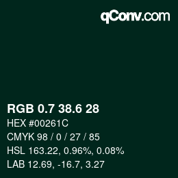 カラーコード: RGB 0.7 38.6 28 | qconv.com