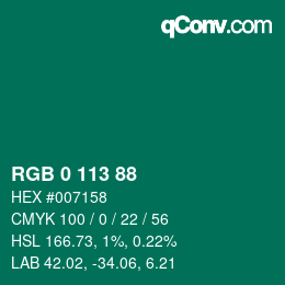 Color code: RGB 0 113 88 | qconv.com