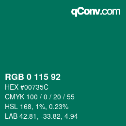 Color code: RGB 0 115 92 | qconv.com