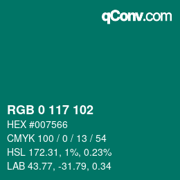 Color code: RGB 0 117 102 | qconv.com