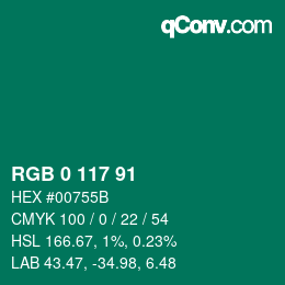 Color code: RGB 0 117 91 | qconv.com