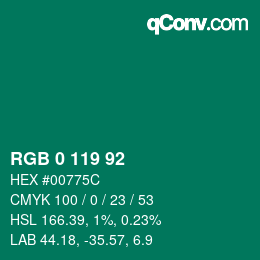 Color code: RGB 0 119 92 | qconv.com