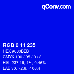 Color code: RGB 0 11 235 | qconv.com