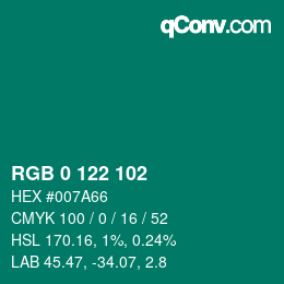 Color code: RGB 0 122 102 | qconv.com