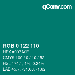 颜色代码: RGB 0 122 110 | qconv.com