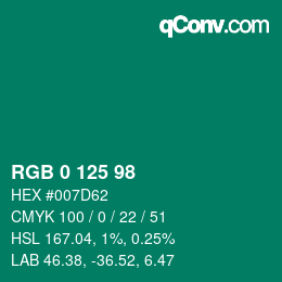 Color code: RGB 0 125 98 | qconv.com
