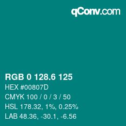 カラーコード: RGB 0 128.6 125 | qconv.com
