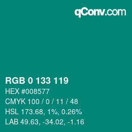 Color code: RGB 0 133 119 | qconv.com