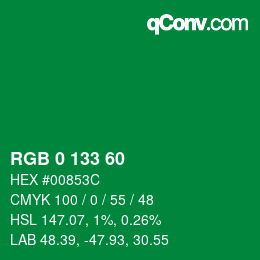 Color code: RGB 0 133 60 | qconv.com