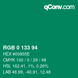 颜色代码: RGB 0 133 94 | qconv.com
