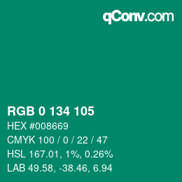 カラーコード: RGB 0 134 105 | qconv.com