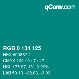 Color code: RGB 0 134 125 | qconv.com