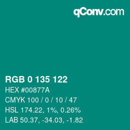 Color code: RGB 0 135 122 | qconv.com