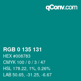 Color code: RGB 0 135 131 | qconv.com