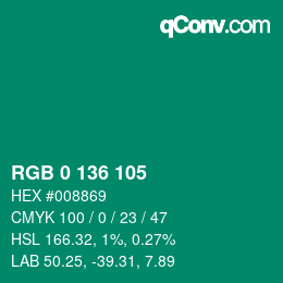カラーコード: RGB 0 136 105 | qconv.com
