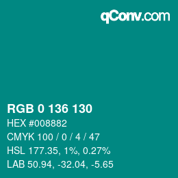 Color code: RGB 0 136 130 | qconv.com