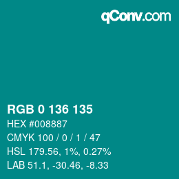 カラーコード: RGB 0 136 135 | qconv.com