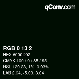 カラーコード: RGB 0 13 2 | qconv.com