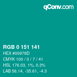 Color code: RGB 0 151 141 | qconv.com