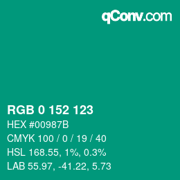 カラーコード: RGB 0 152 123 | qconv.com