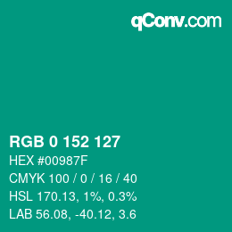 カラーコード: RGB 0 152 127 | qconv.com