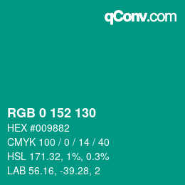 颜色代码: RGB 0 152 130 | qconv.com