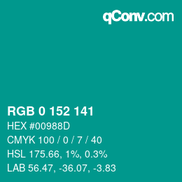颜色代码: RGB 0 152 141 | qconv.com