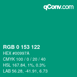 Color code: RGB 0 153 122 | qconv.com