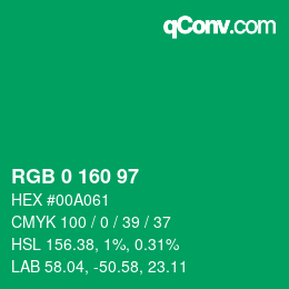 カラーコード: RGB 0 160 97 | qconv.com