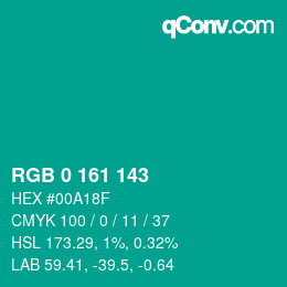 カラーコード: RGB 0 161 143 | qconv.com