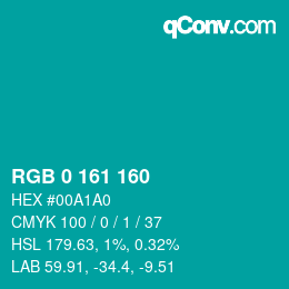 Color code: RGB 0 161 160 | qconv.com