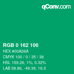 カラーコード: RGB 0 162 106 | qconv.com