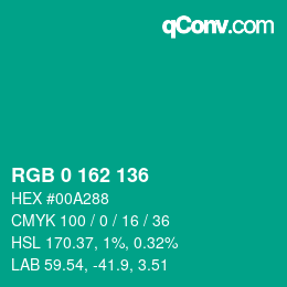 カラーコード: RGB 0 162 136 | qconv.com